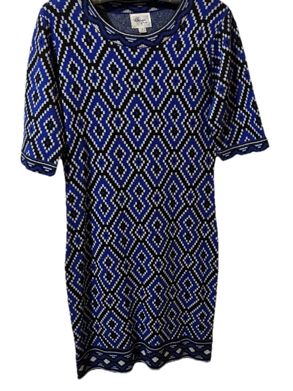 Beige by eci Blue and Black Geometric Knit Dress SZ M